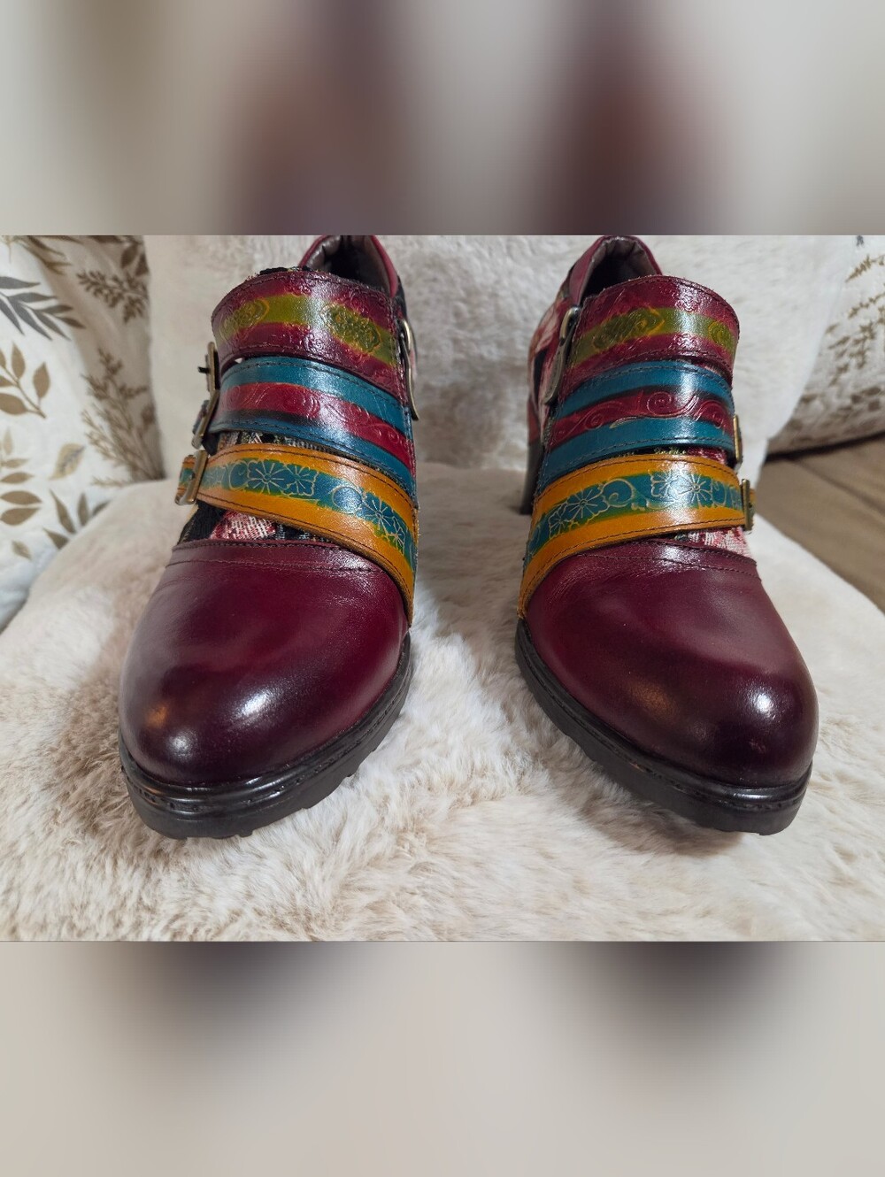 Socofy Multicolor Floral Strap Block Heel Shoes Burgundy Accent. Sz 39 Or 81/2 - Picture 8 of 13